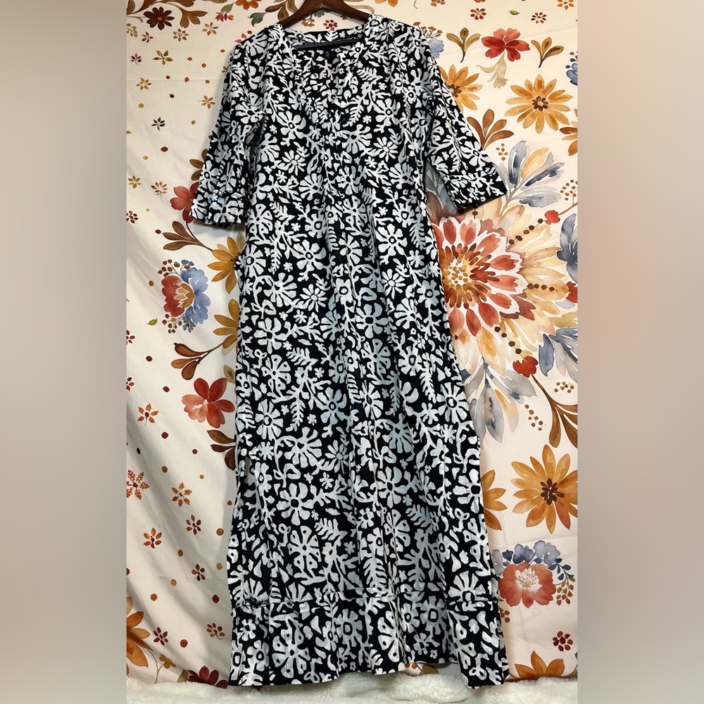 Lands End M 10/12 Black White Floral Maximal Dress Resortcore Vacation 1/2 Slv